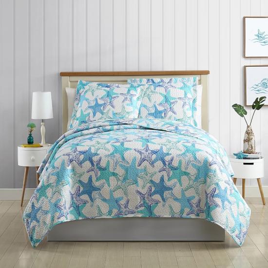 cxmicrotex Coastal Style Shell Starfish Pattern Printed Quilted Bedspread Set