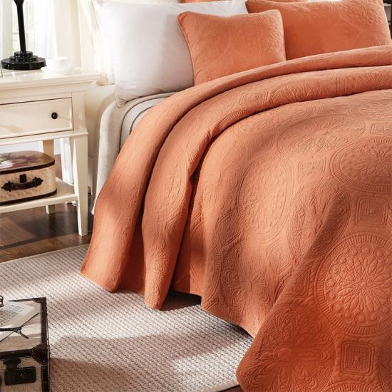 Coral Color Cotton Embroidery Quilted Bedspread 3PC Set