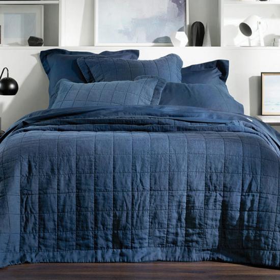 Navy Box Quilted Bedspread Stone Washed Quilt Set
