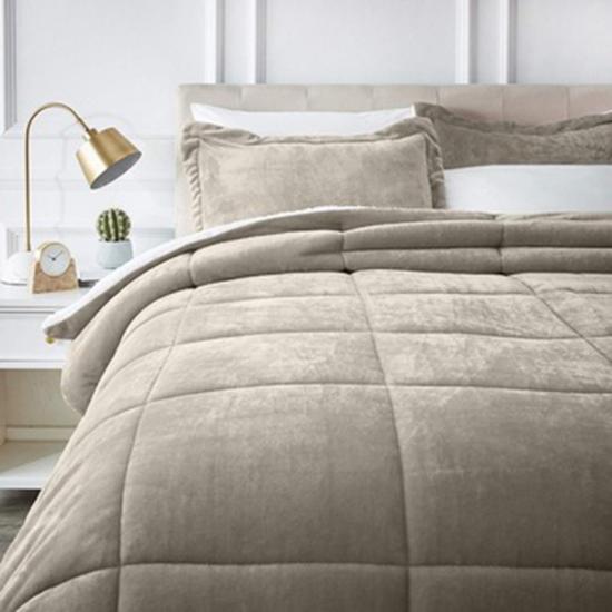 Solid Flannel Comforter Bedspread Sherpa Quilted Bedding Set